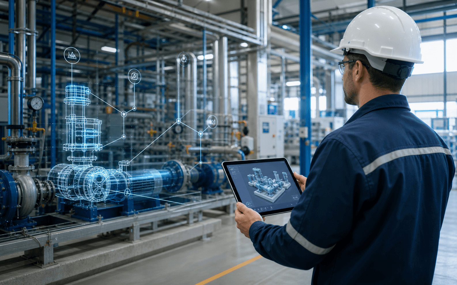 Technicien utilisant une tablette avec une visualisation Digital Twin dans un site industriel